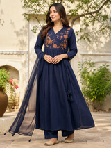 Navy Blue Angrakha Style  Pure Cotton A-Line suit with embroidery work