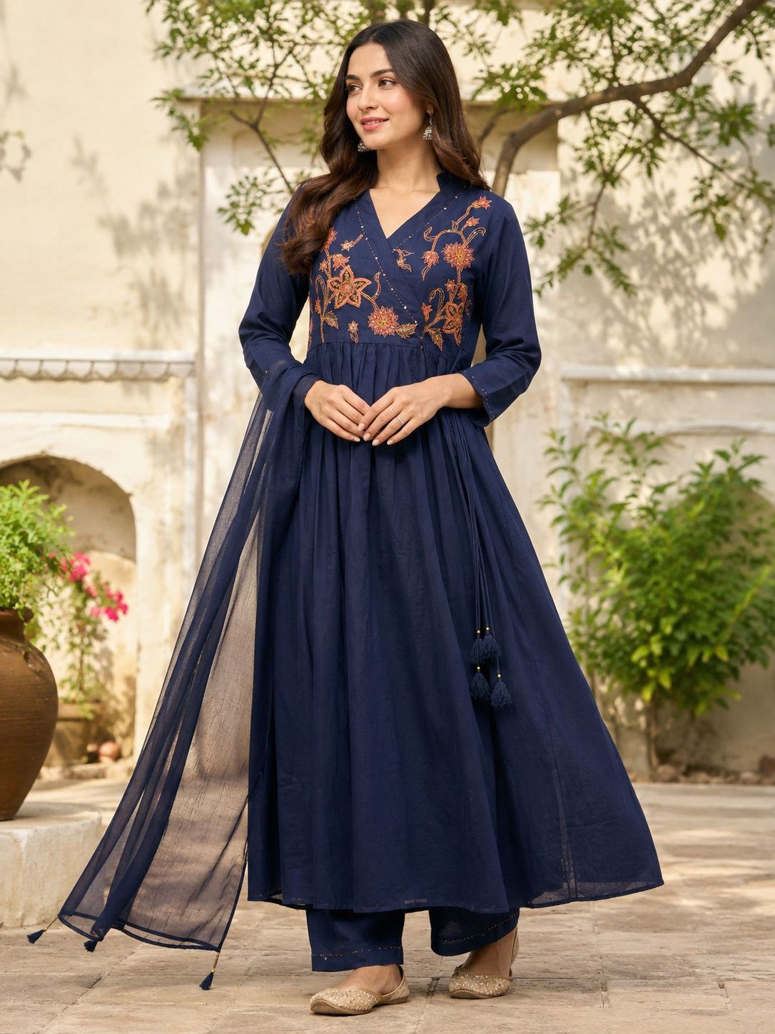 Navy Blue Angrakha Style  Pure Cotton A-Line suit with embroidery work