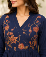 Navy Blue Angrakha Style  Pure Cotton A-Line suit with embroidery work