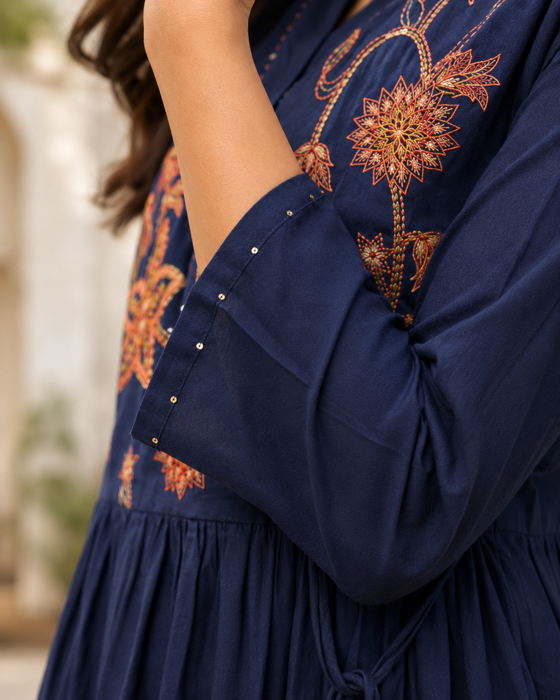 Navy Blue Angrakha Style  Pure Cotton A-Line suit with embroidery work
