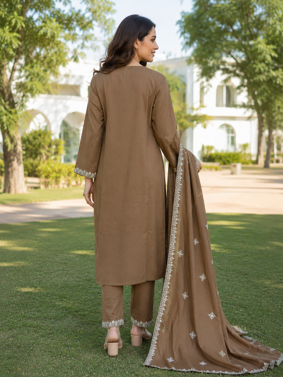 Coffee Brown Pure Cotton Straight suit with Full Embroidery