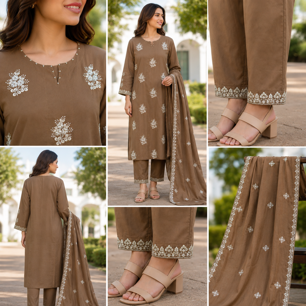 Coffee Brown Pure Cotton Straight suit with Full Embroidery