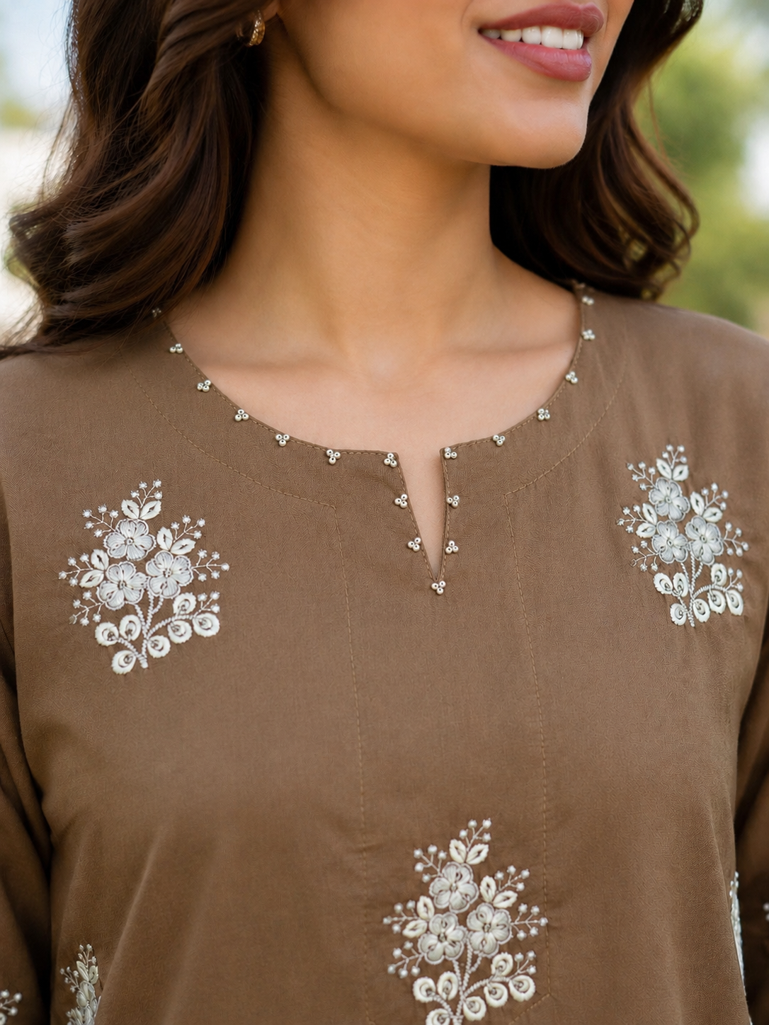 Coffee Brown Pure Cotton Straight suit with Full Embroidery