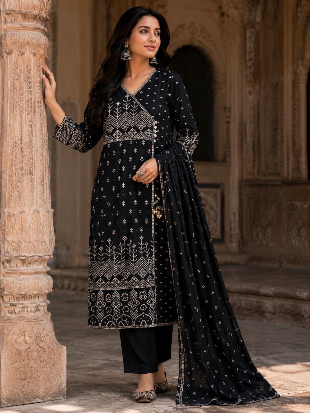 Angrakha Pure Cotton Straight Suit with Mirror Detailing