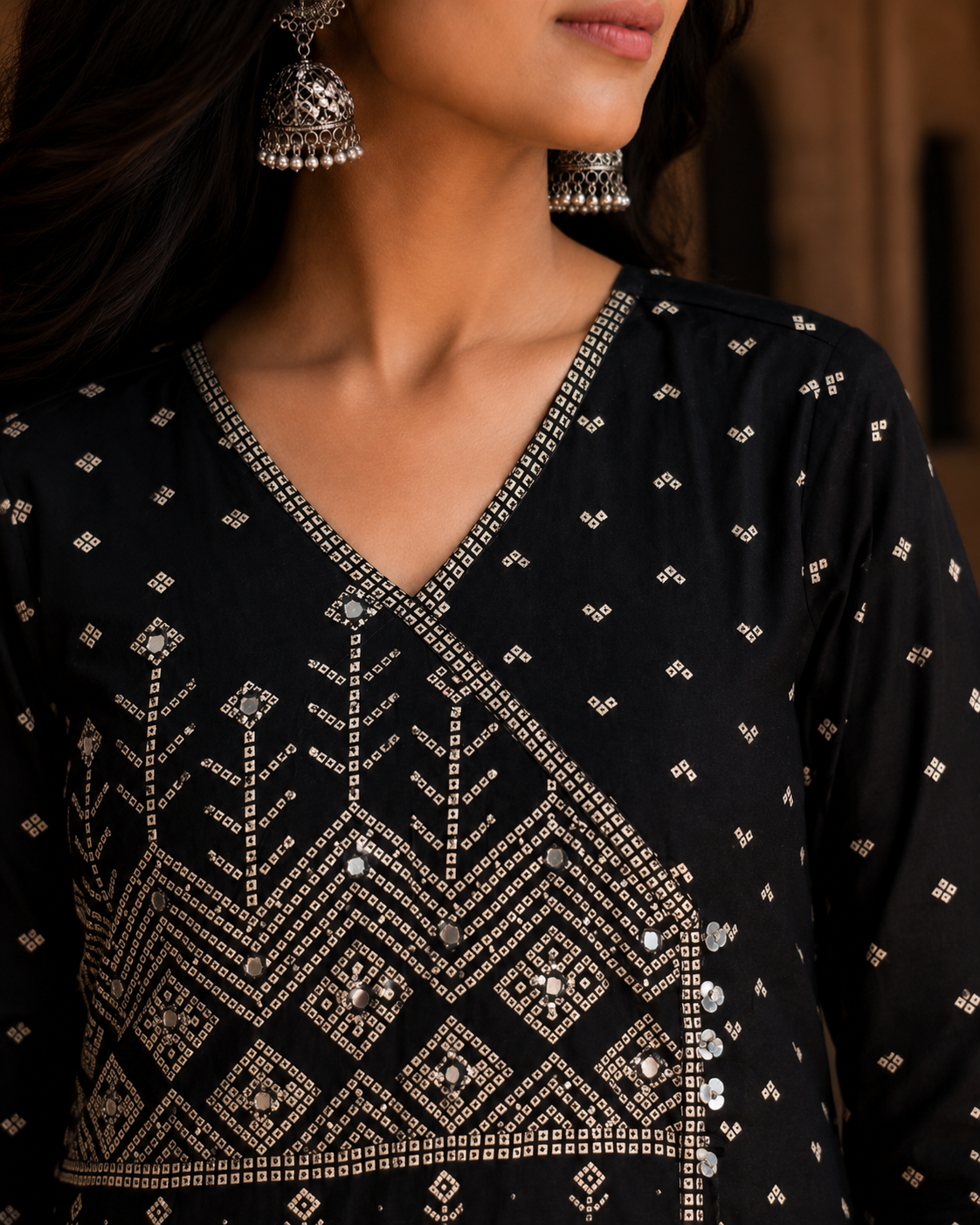 Angrakha Pure Cotton Straight Suit with Mirror Detailing