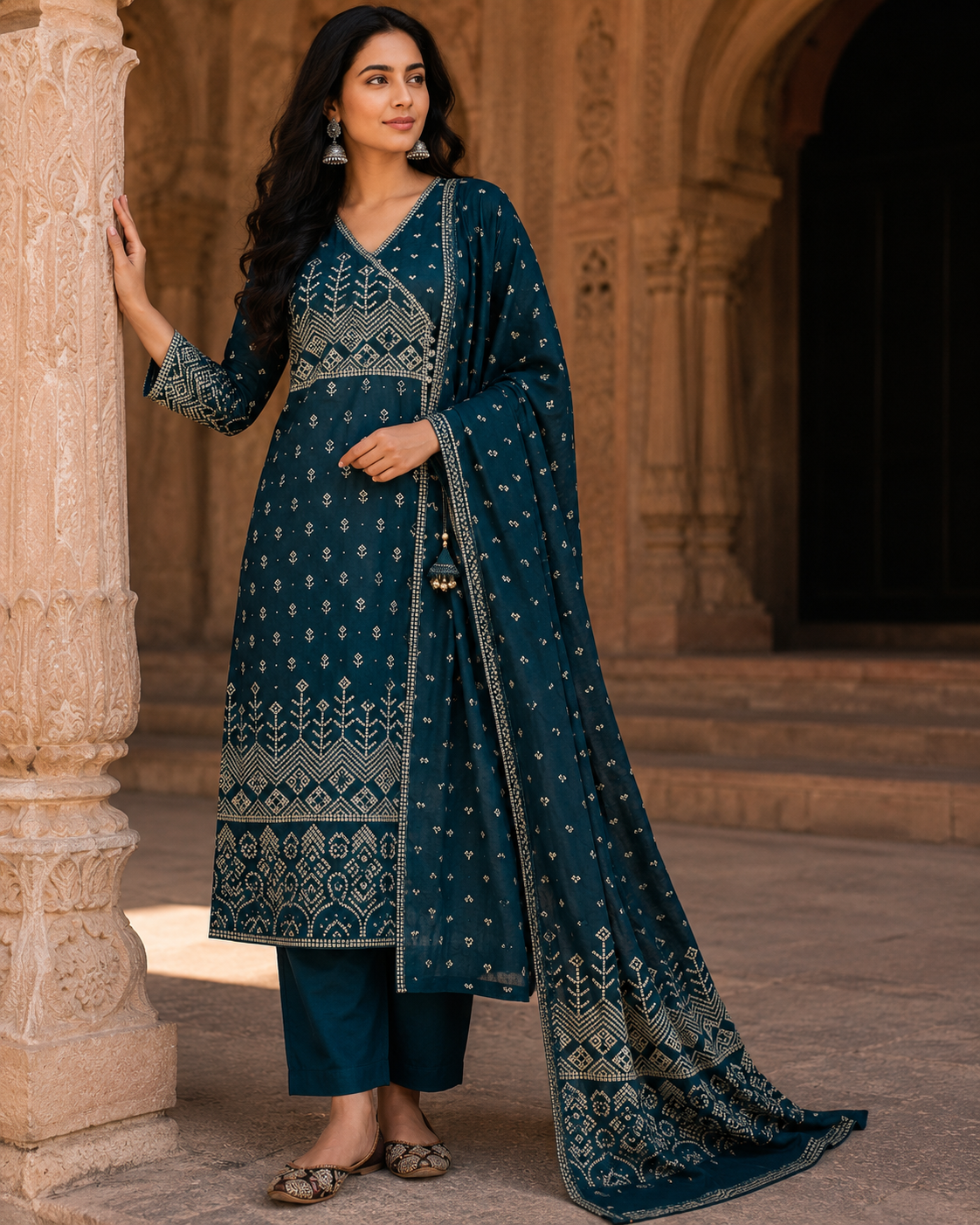 Angrakha Pure Cotton Straight Suit with Mirror Detailing