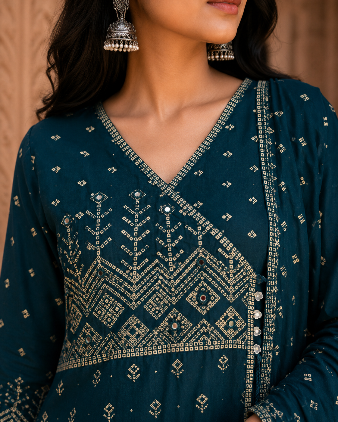 Angrakha Pure Cotton Straight Suit with Mirror Detailing