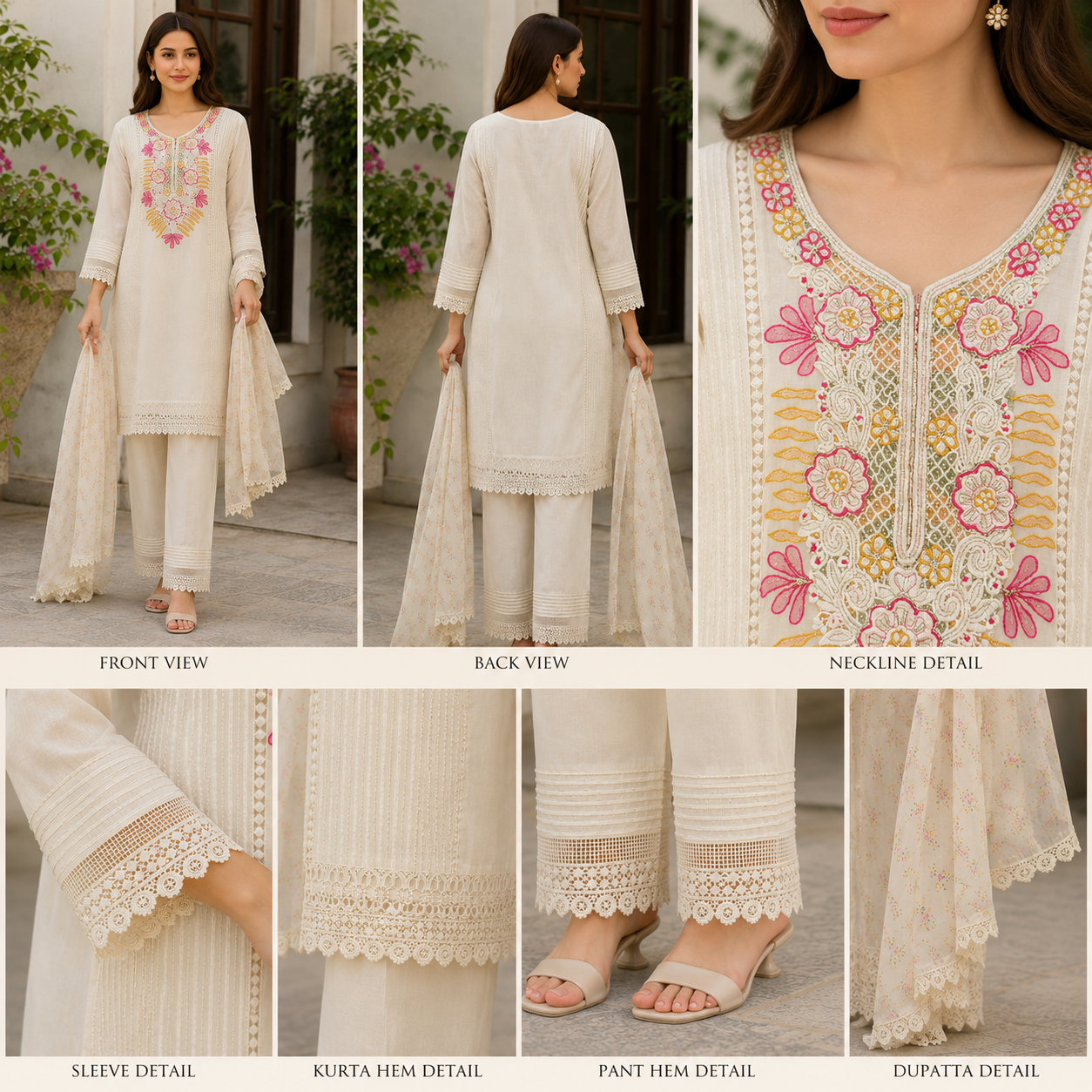 Cream Pure Chanderi Straight suit with Embroidery & Lace Work