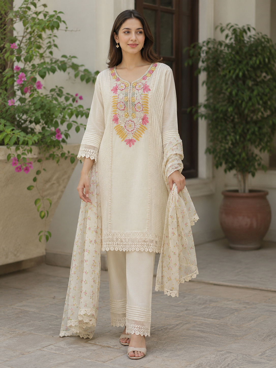 Cream Pure Chanderi Straight suit with Embroidery & Lace Work