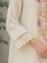Cream Pure Chanderi Straight suit with Embroidery & Lace Work