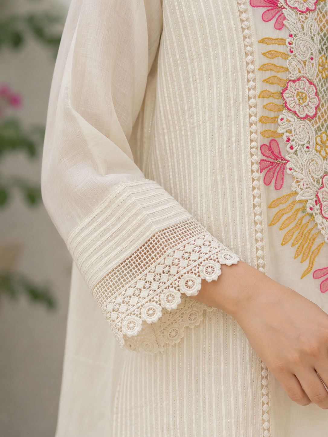 Cream Pure Chanderi Straight suit with Embroidery & Lace Work