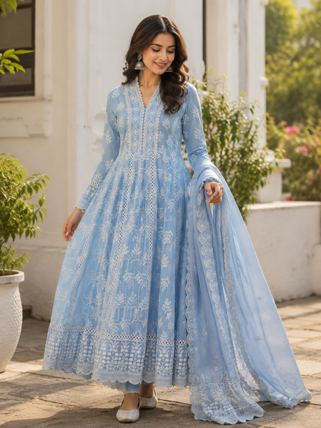Pure Mul Cotton Anarkali suit with Chikankari Work