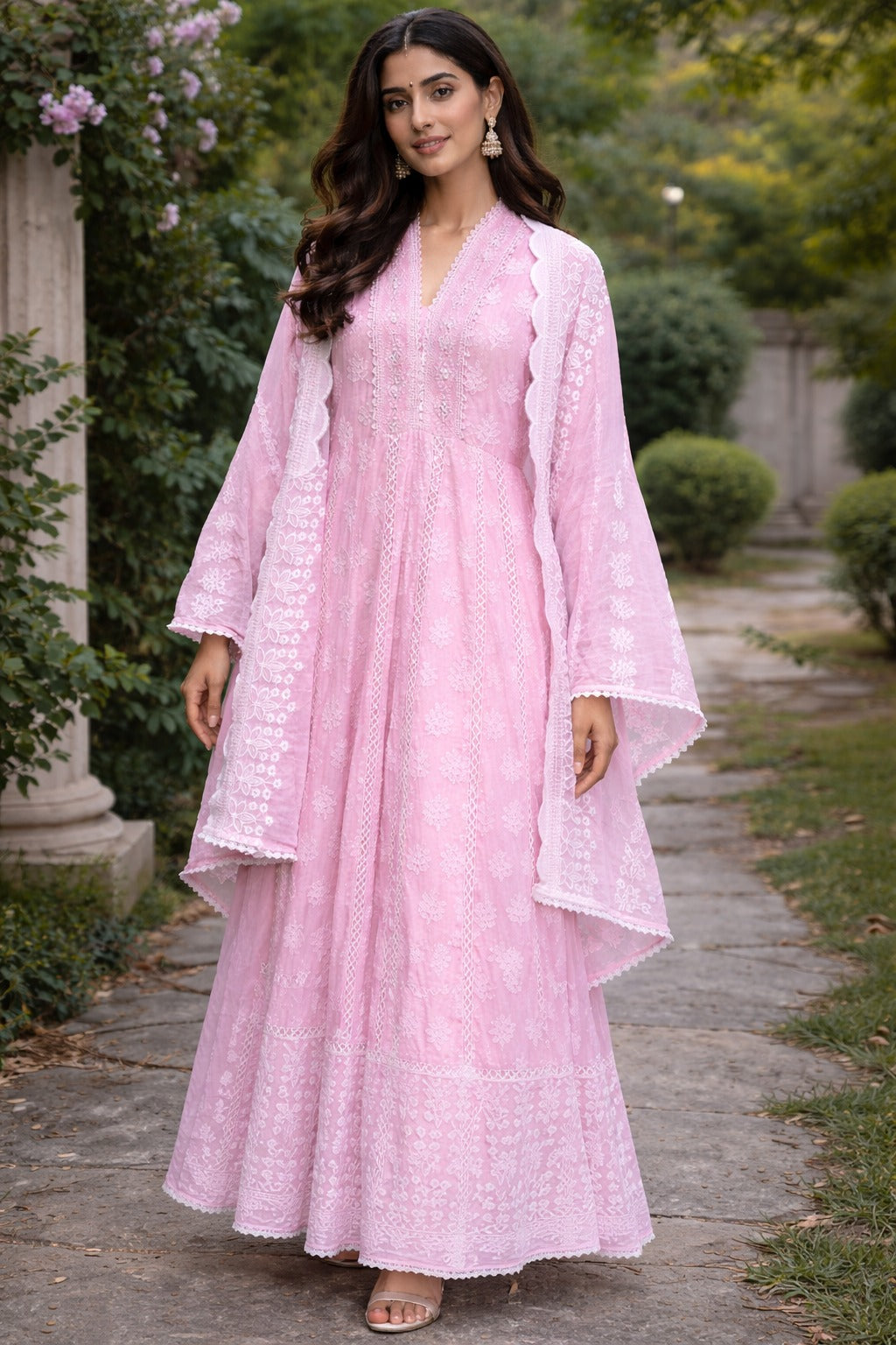 Baby Pink Mul Cotton Semi Formal Anarkali suit with chikankari WorkApelique embriodary work
