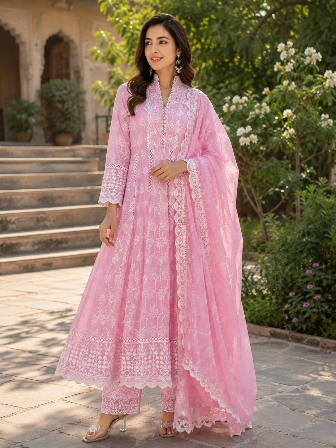 Pure Mul Cotton Anarkali suit with Chikankari Work