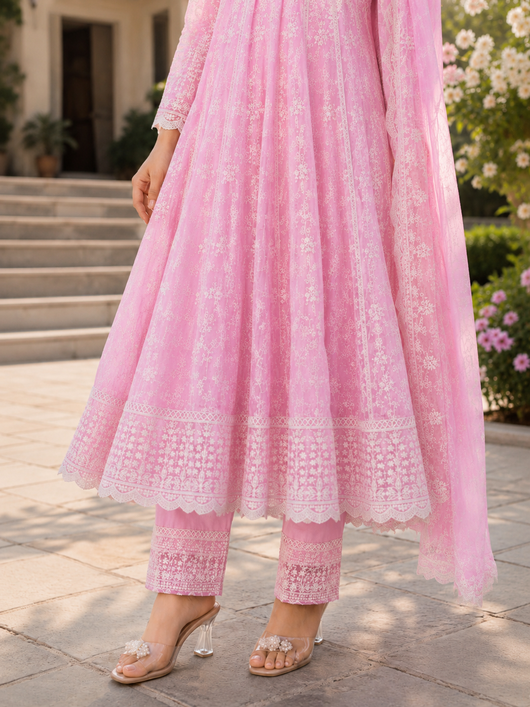 Pure Mul Cotton Anarkali suit with Chikankari Work