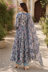 Grey Floral Printed Pure Cotton Full Anarkali suit with detailing work