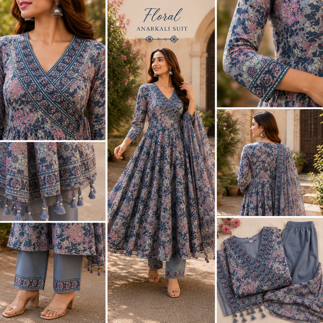 Grey Floral Printed Pure Cotton Full Anarkali suit with detailing work
