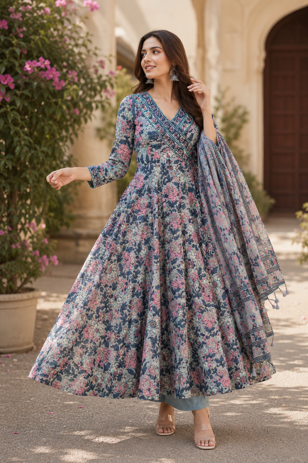 Grey Floral Printed Pure Cotton Full Anarkali suit with detailing work