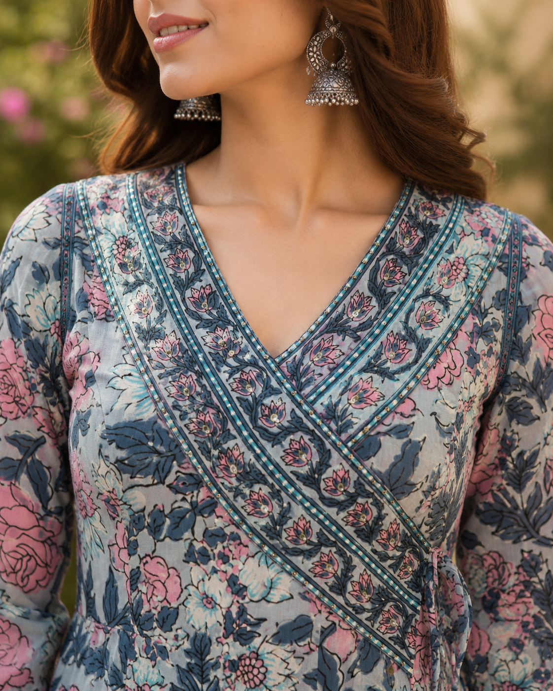 Grey Floral Printed Pure Cotton Full Anarkali suit with detailing work