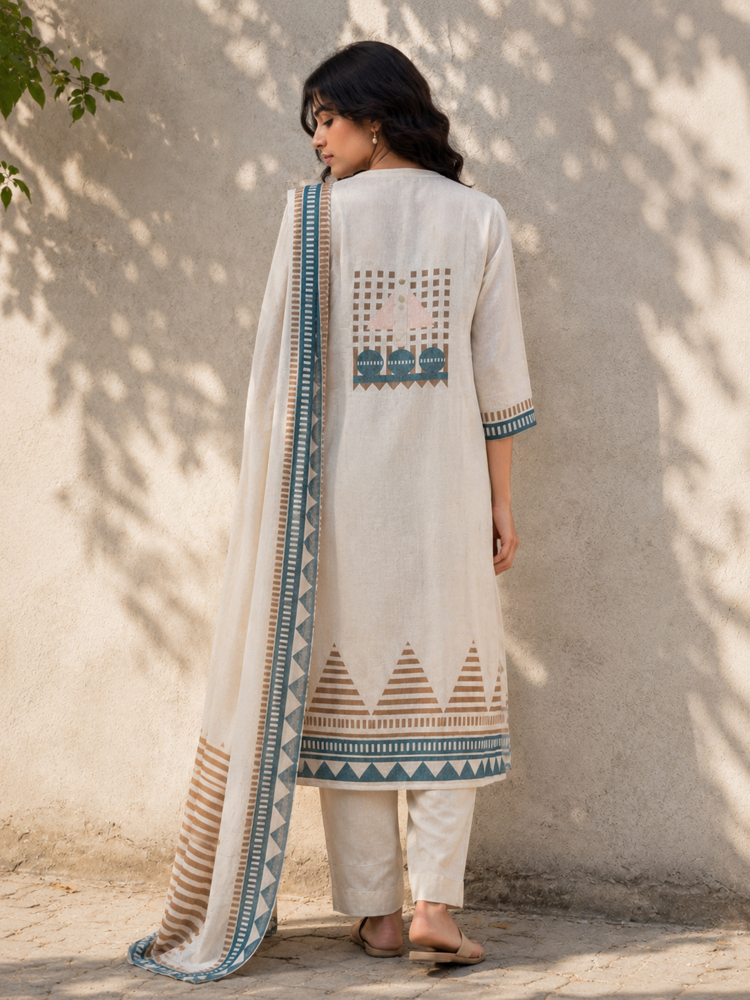 Cream Printed Linen Cotton A-Line suit with detailing work
