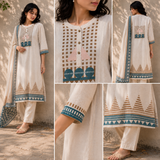 Cream Printed Linen Cotton A-Line suit with detailing work