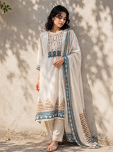 Cream Printed Linen Cotton A-Line suit with detailing work