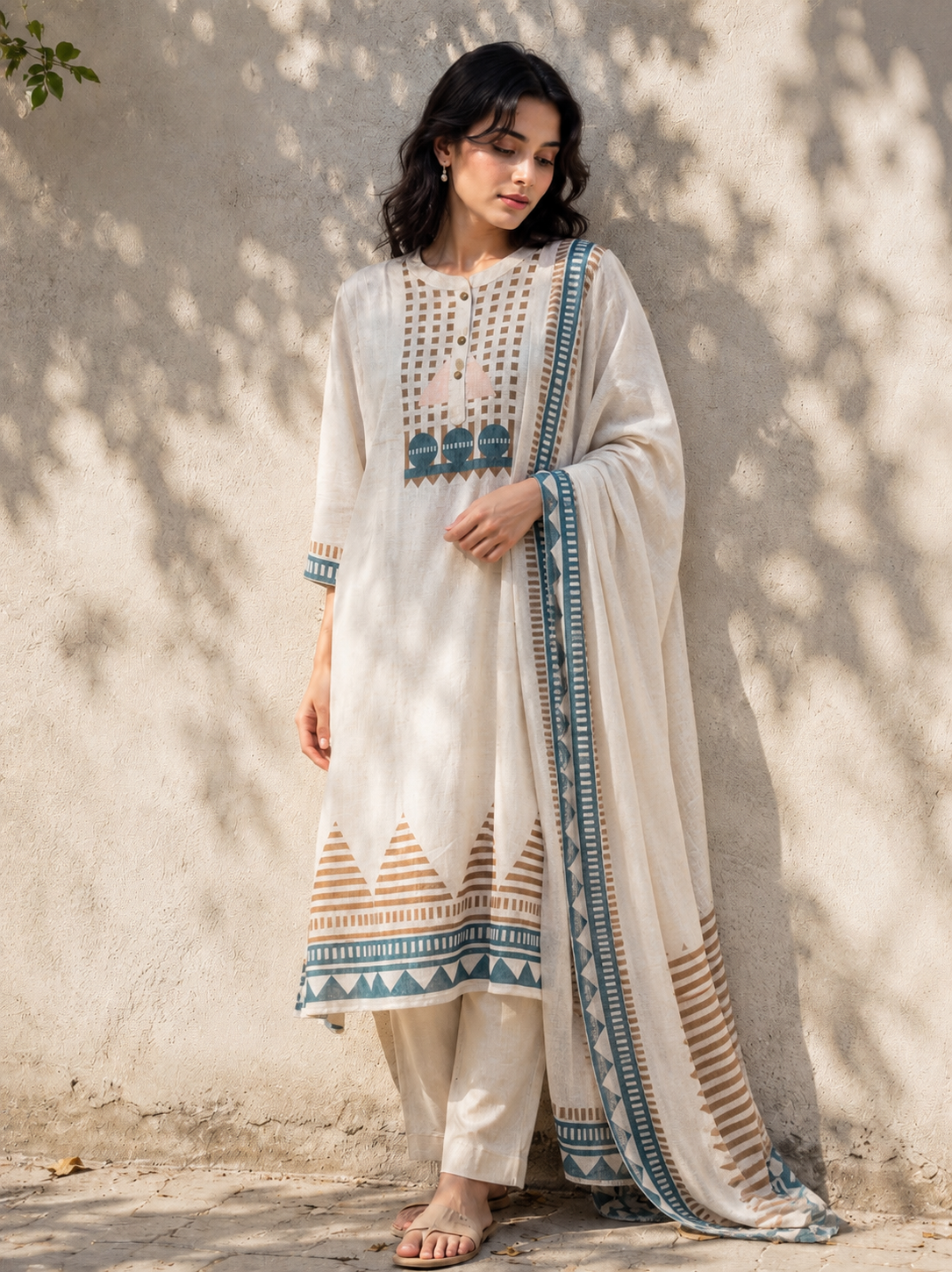 Cream Printed Linen Cotton A-Line suit with detailing work