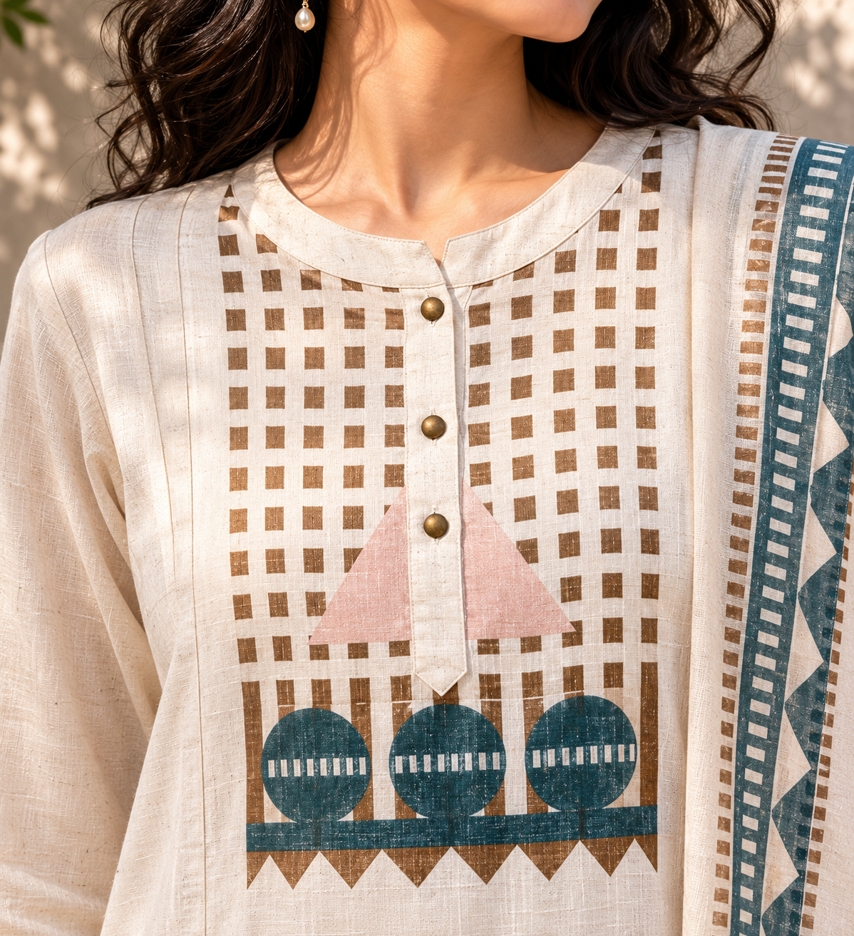 Cream Printed Linen Cotton A-Line suit with detailing work