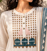 Cream Printed Linen Cotton A-Line suit with detailing work