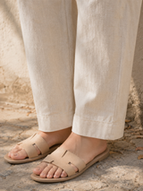 Cream Printed Linen Cotton A-Line suit with detailing work