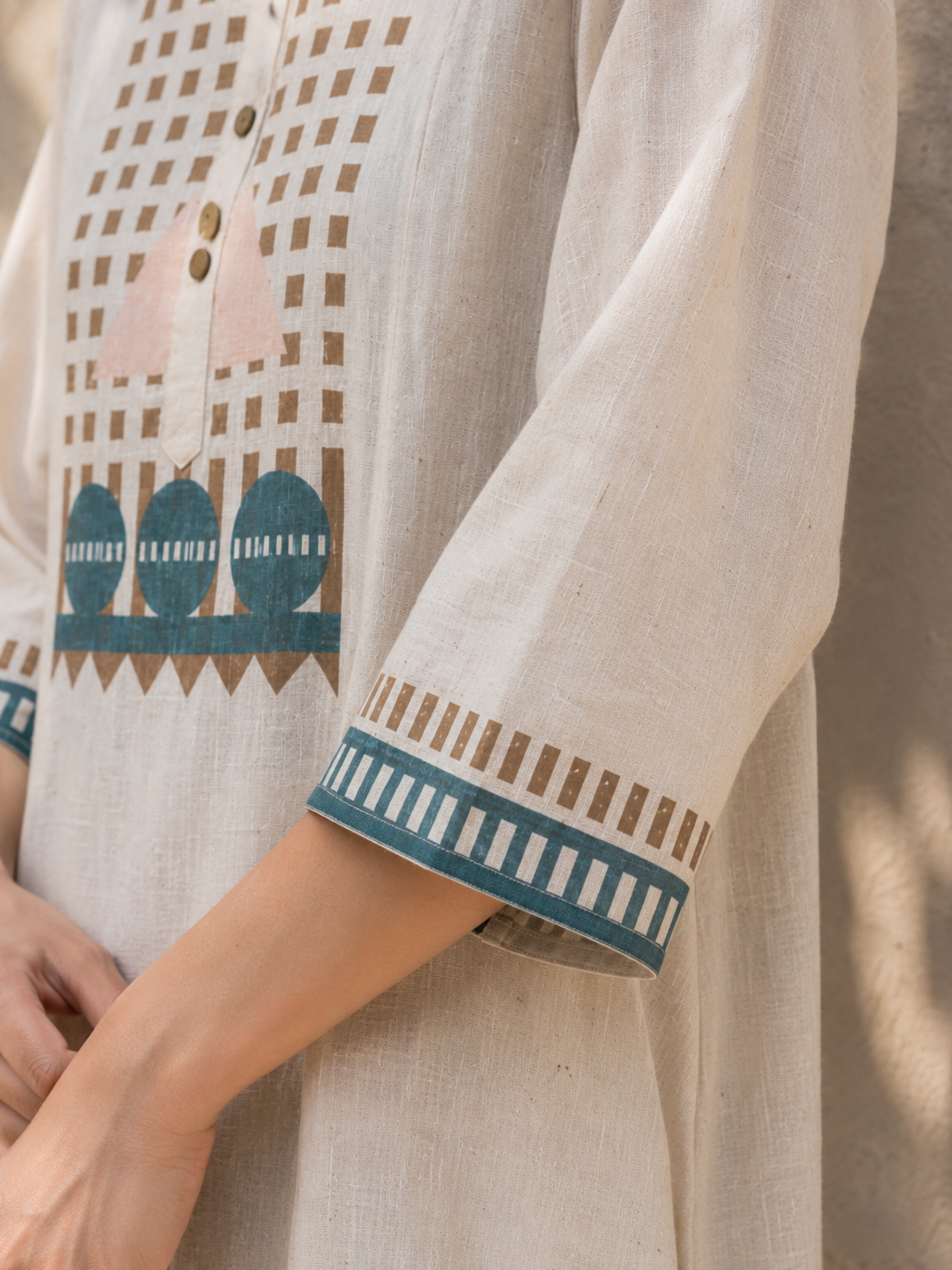 Cream Printed Linen Cotton A-Line suit with detailing work