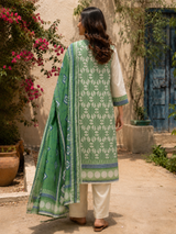 Green Geomatry Printed Linen Cotton A-Line suit with detailing work