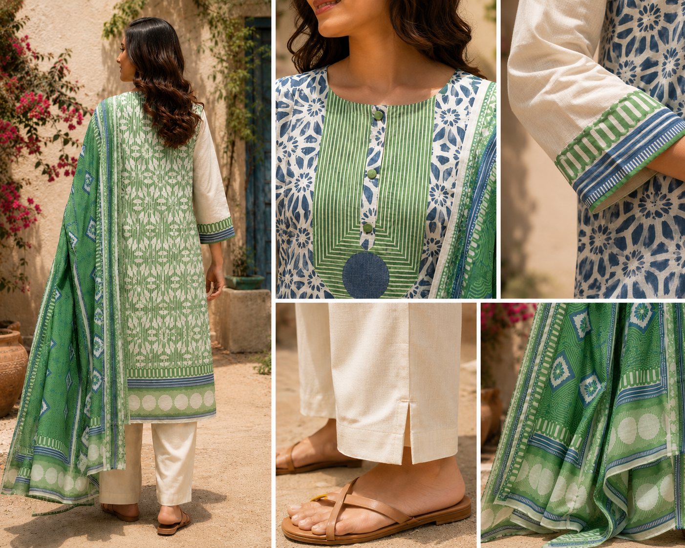 Green Geomatry Printed Linen Cotton A-Line suit with detailing work