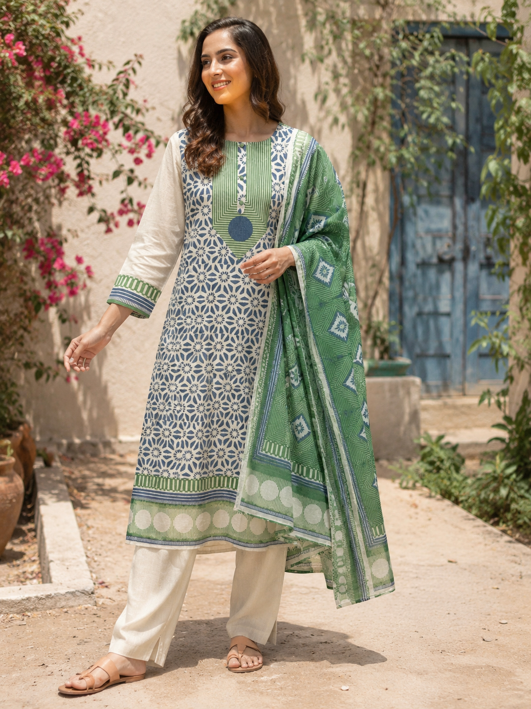 Green Geomatry Printed Linen Cotton A-Line suit with detailing work