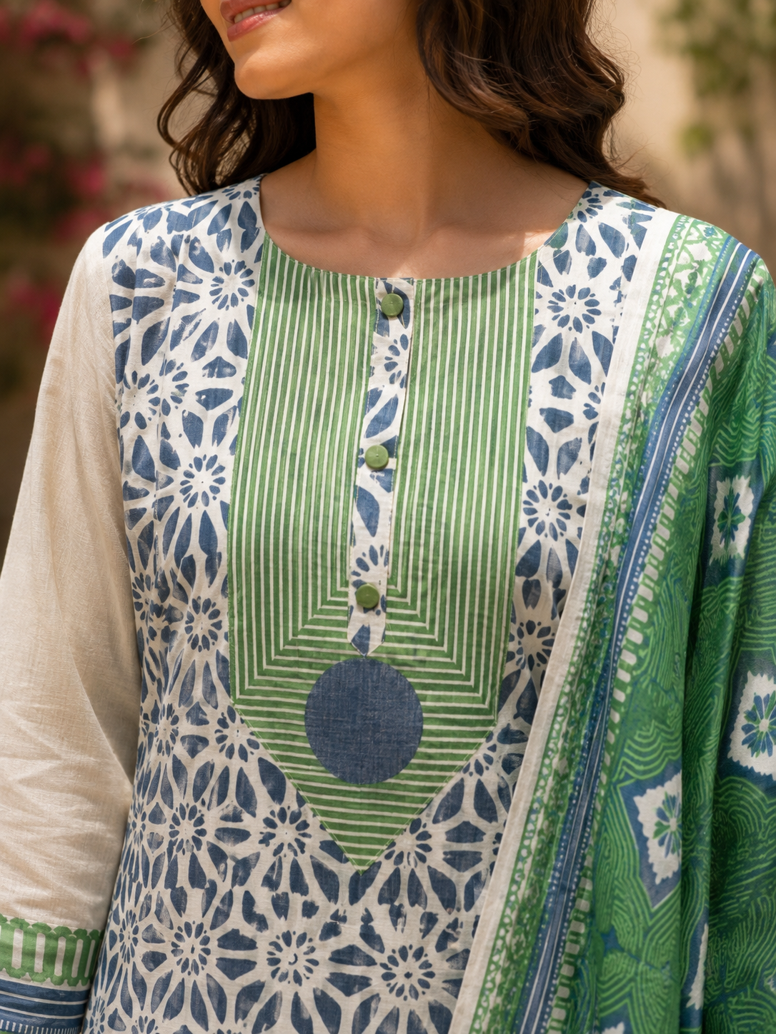 Green Geomatry Printed Linen Cotton A-Line suit with detailing work