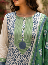 Green Geomatry Printed Linen Cotton A-Line suit with detailing work