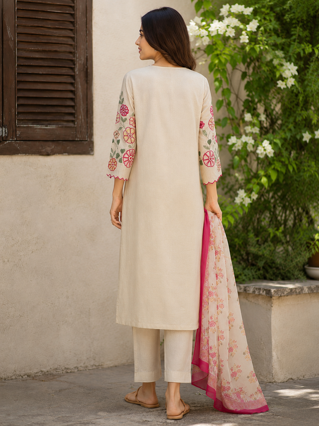 Cream Flex Cotton Straight suit with embroidery work