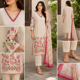 Cream Flex Cotton Straight suit with embroidery work