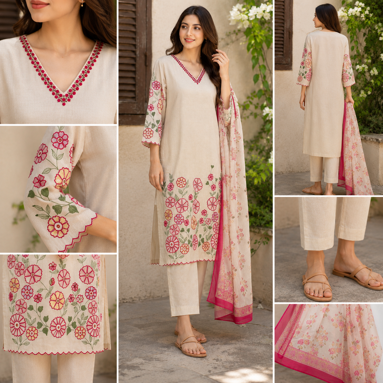 Cream Flex Cotton Straight suit with embroidery work