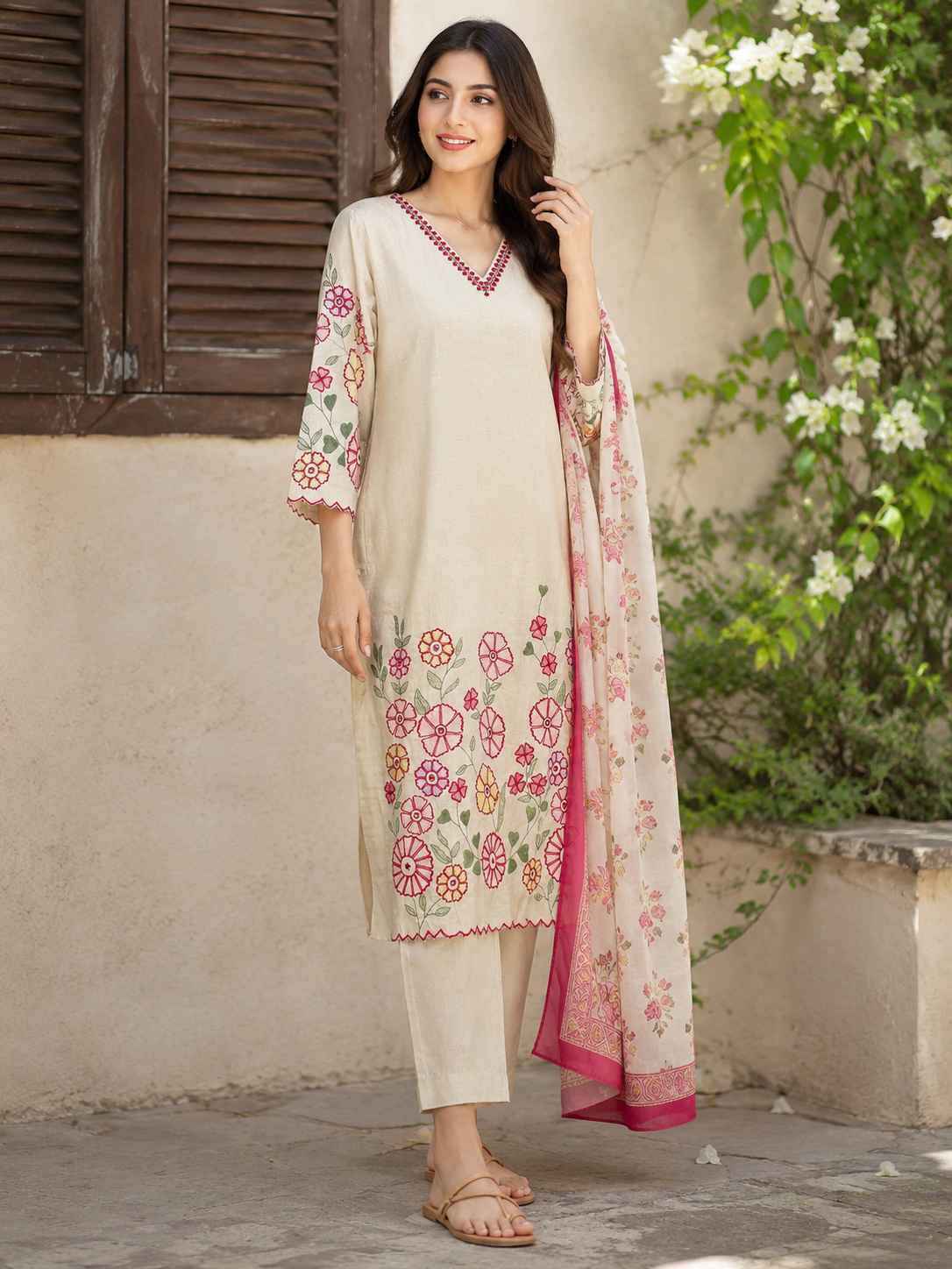 Cream Flex Cotton Straight suit with embroidery work