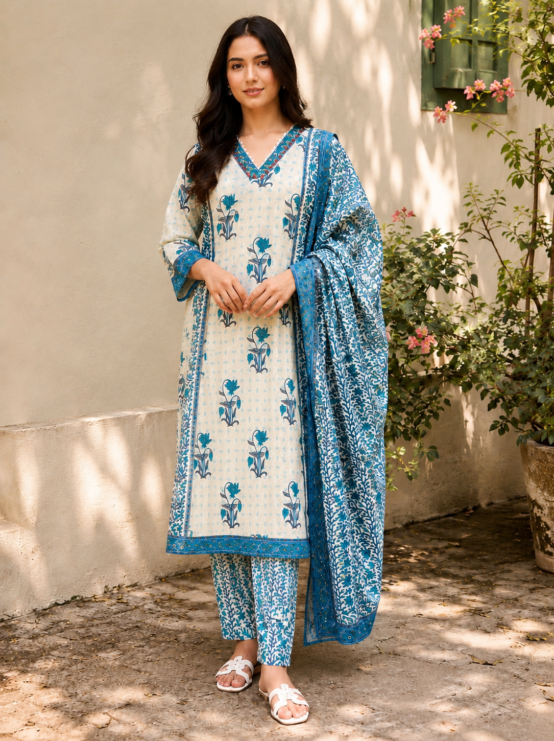 Printed Pure Cotton A-Line suit with Thread & Lace Detailing