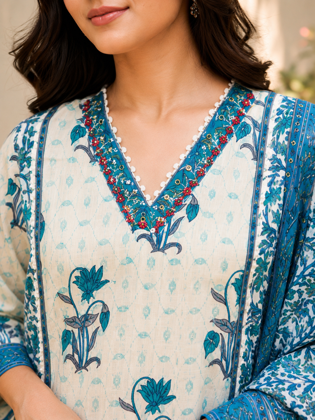 Printed Pure Cotton A-Line suit with Thread & Lace Detailing