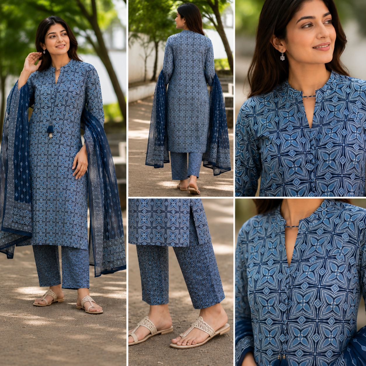 Printed Cotton Straight suit with Neck Detailing