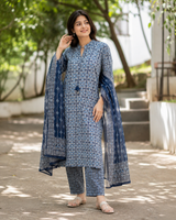 Printed Cotton Straight suit with Neck Detailing