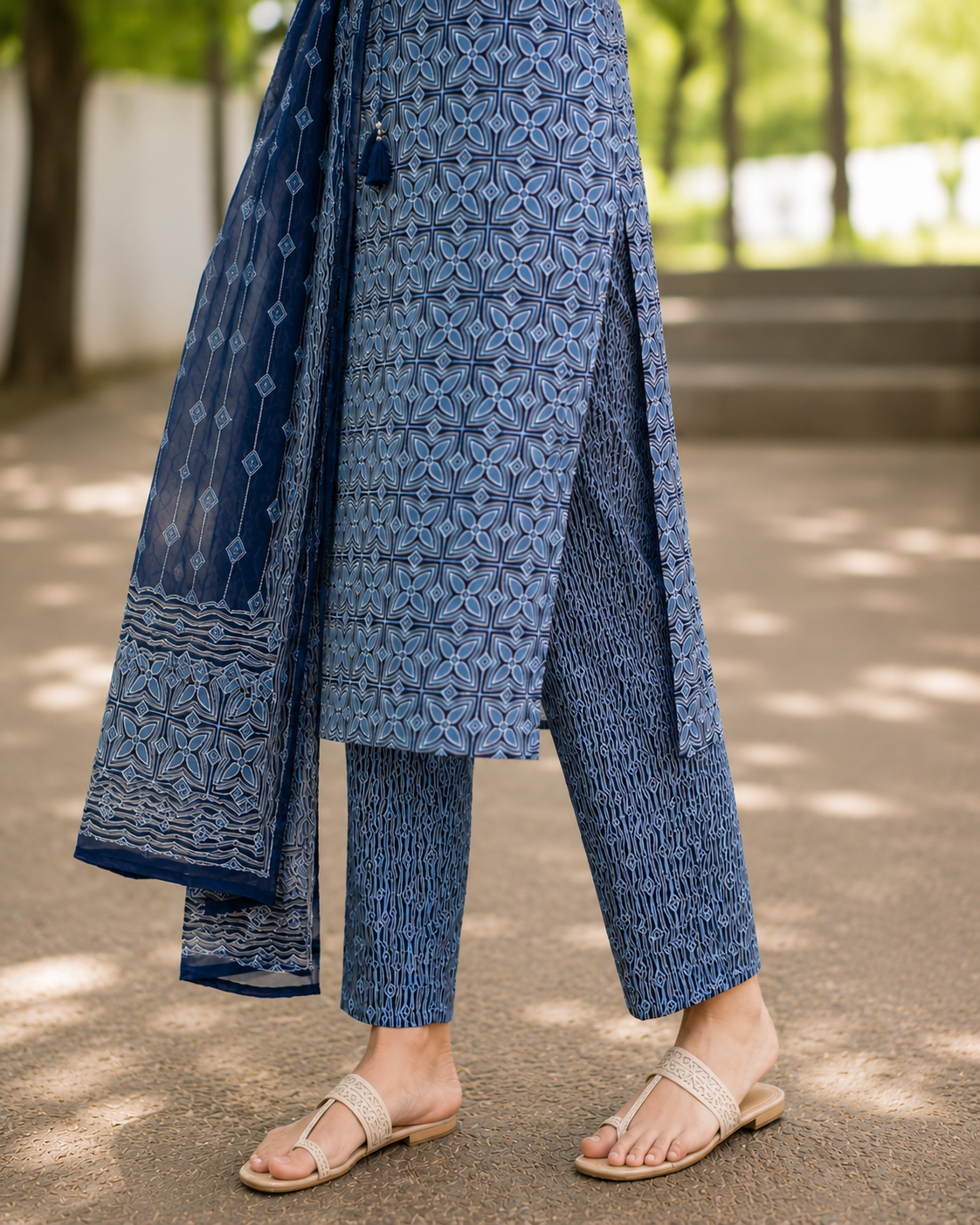 Printed Cotton Straight suit with Neck Detailing