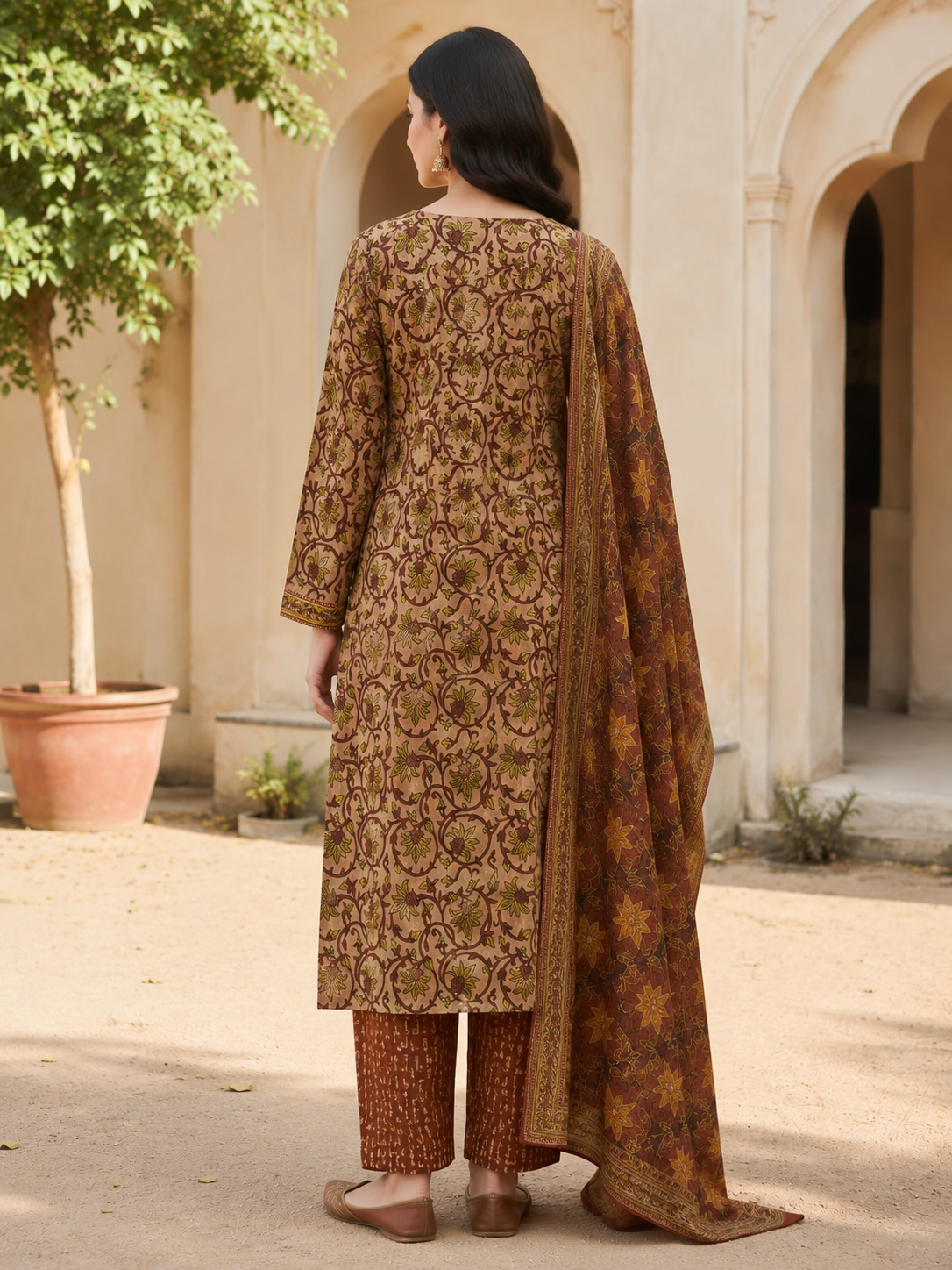 Brown Printed Pure Cotton Straight suit with Mirror & sequin Detailing