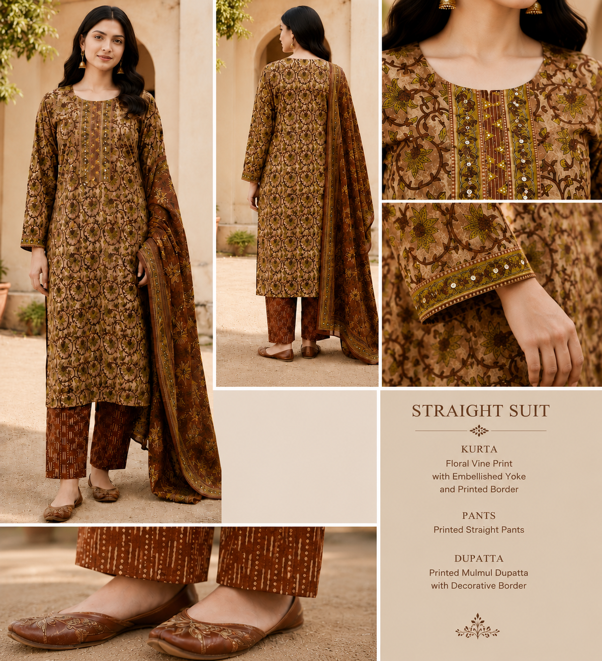 Brown Printed Pure Cotton Straight suit with Mirror & sequin Detailing