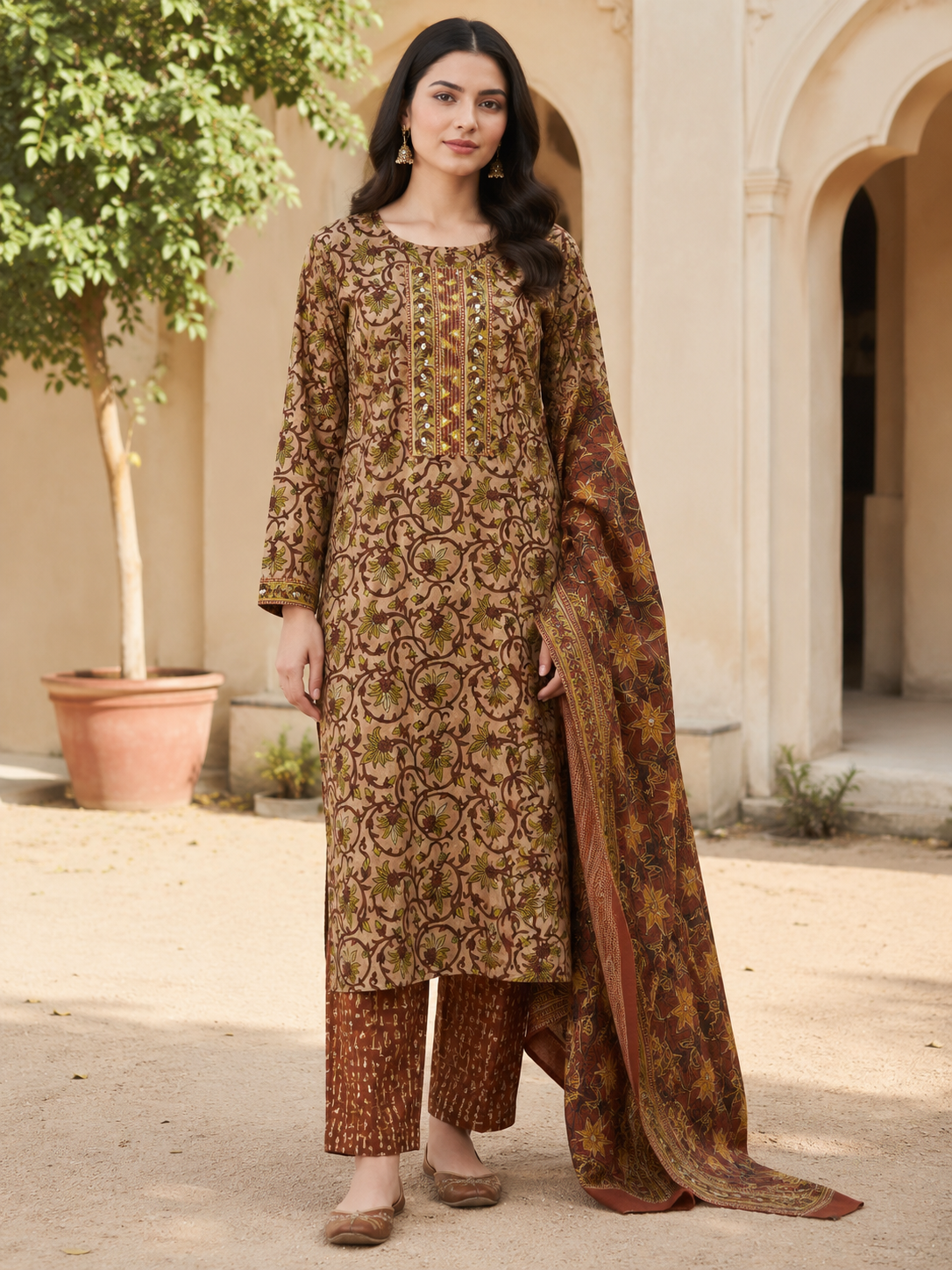 Brown Printed Pure Cotton Straight suit with Mirror & sequin Detailing