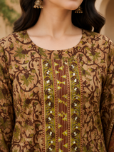 Brown Printed Pure Cotton Straight suit with Mirror & sequin Detailing