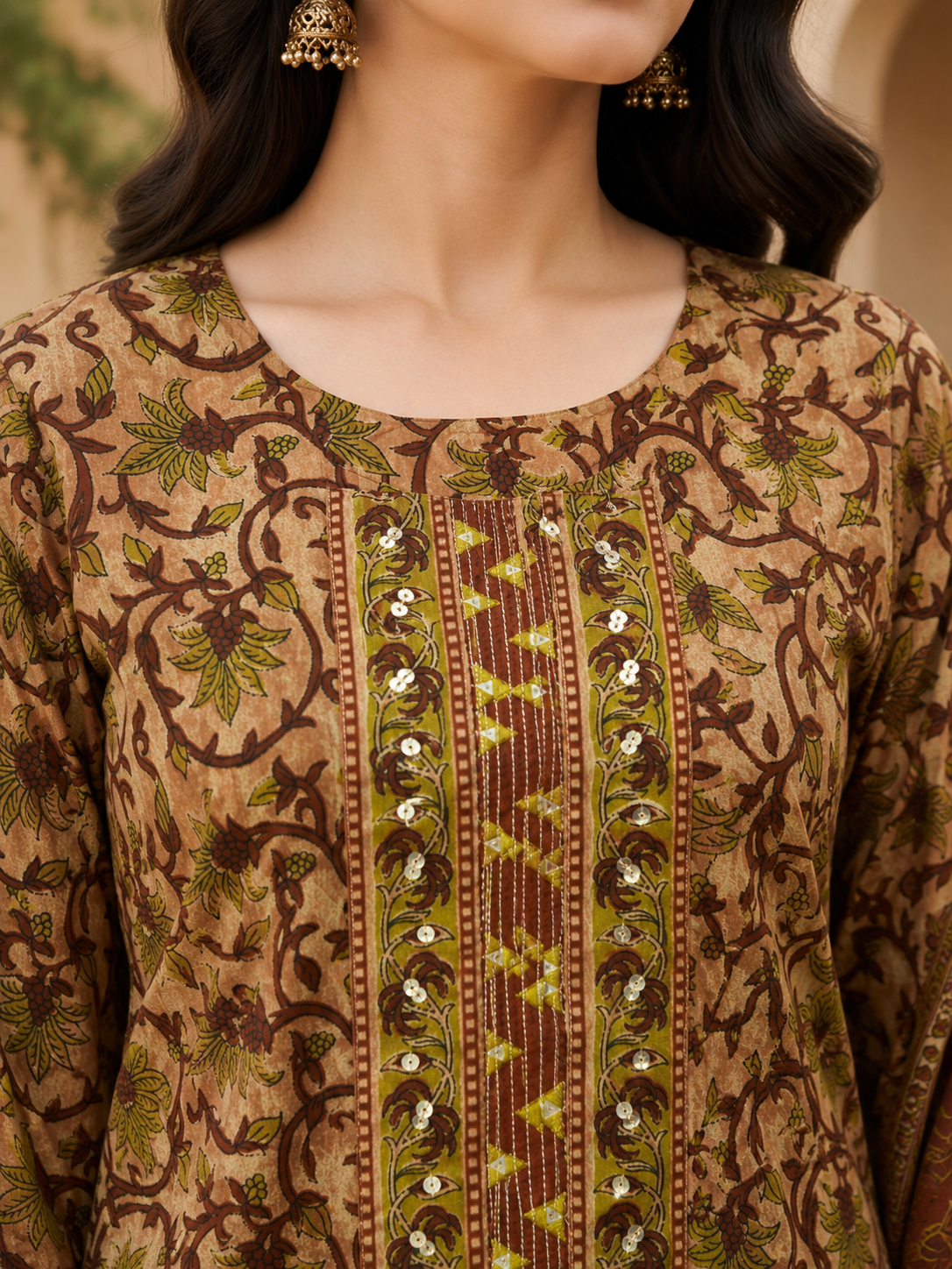 Brown Printed Pure Cotton Straight suit with Mirror & sequin Detailing